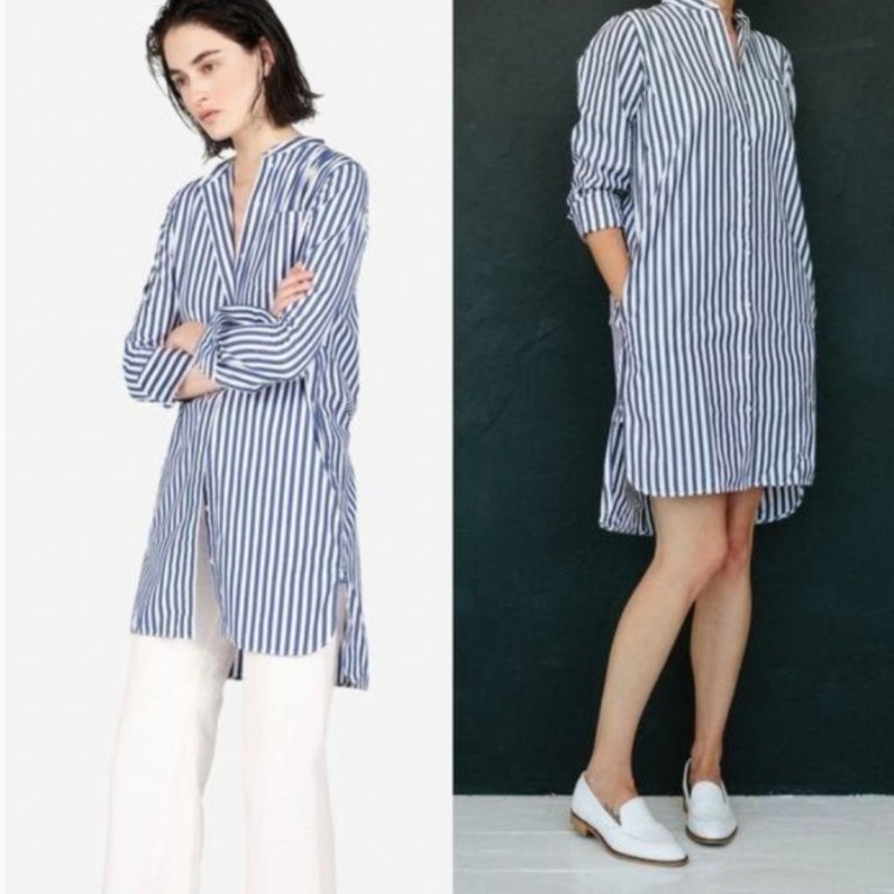 EVERLANE blue white striped cotton poplin long sleeve shirt dress